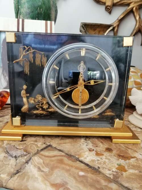 STUNNING MID CENTURY LUCITE AND BRASS CHINOISERIE MANTEL CLOCK CIRCA 1960
