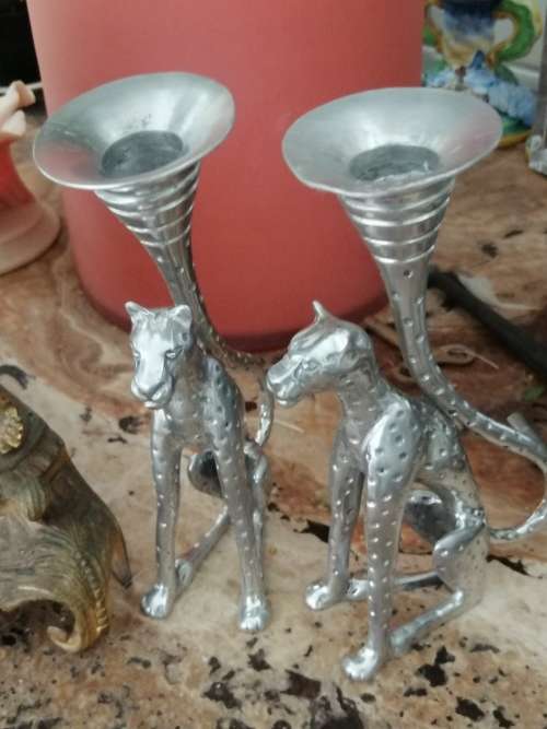A Pair of Diana Carmichael Pewter medium size Cheetah Candlesticks