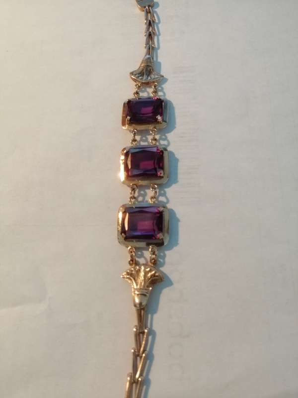 RESERVED  Alison Antique Art D Egyptian Revival 14 ct Rose Gold Synthetic Alexandrite Lotus Bracelet