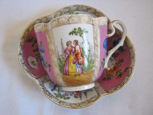 19th C Helena Wolfson Meissen/Dresden quaterfoil cup and saucer