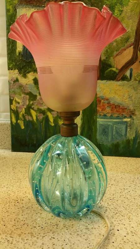 An Electrified Converted Oil Lamp With A Pink Glass Shade and Melon- Shaped Blue Glass Base