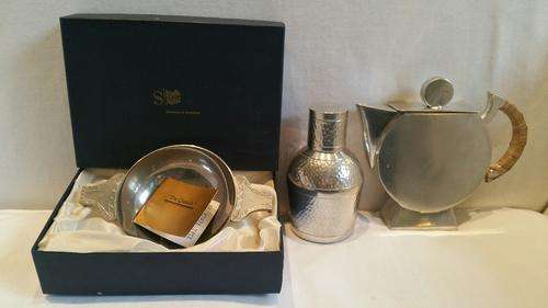 A Mixed lot Two Banka Indonesian Tin Items, Art Deco Cofffe pot and Decanter and a Scottish Quaich