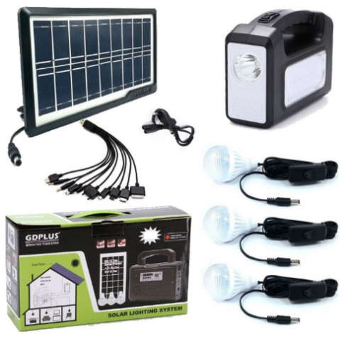 Home Solar System - Battery Control Unit, 3 LED Lamps, Solar Panel,10 in 1 Charging Cable
