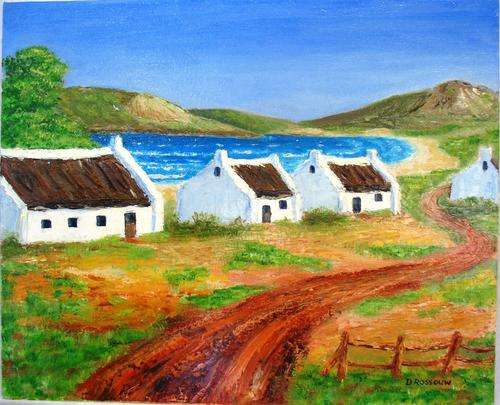 Dirk Rossouw original oil - 'Fishermen's Cottages on the Bay'