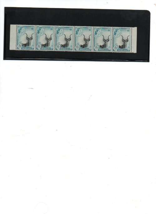 Swaziland Strip of 6 Stamps with R2 O/P