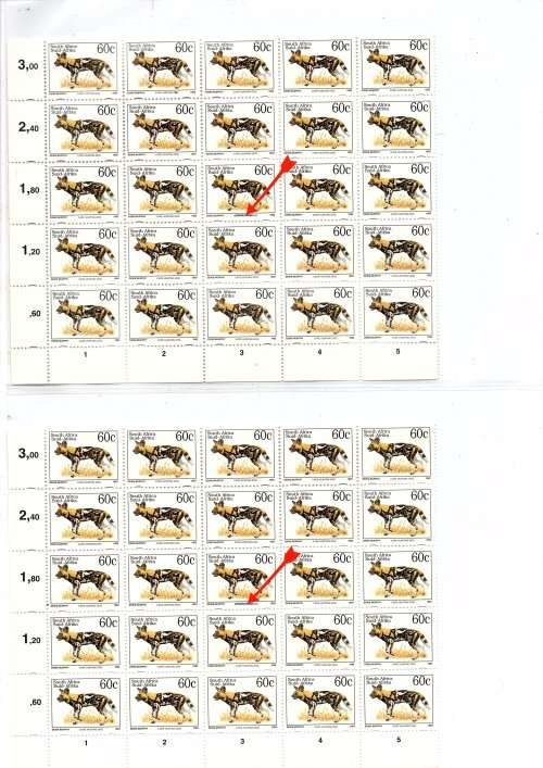 SOUTH AFRICA 3 X CORNER BLOCKS 60C WILD DOG WITH SUPER IMPOSED LATIN VARIETY CV R 975.00 !