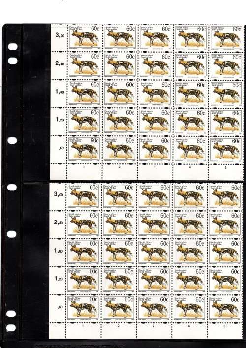 6 x 1993 SA 60c CAPE HUNTING DOG CORNER BLOCKS OF 25 WITH VARIETY SACC 834 D