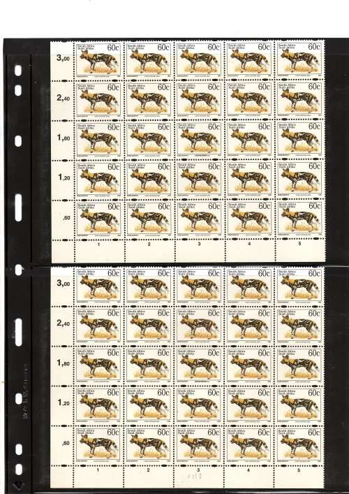 6 x 1993 SA 60c CAPE HUNTING DOG CORNER BLOCKS OF 25 WITH VARIETY SACC 834 D