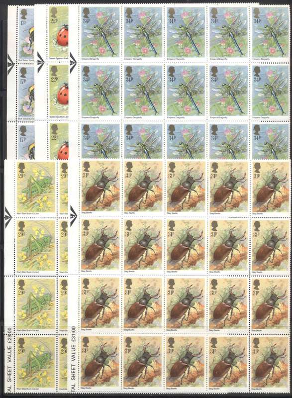 Great Britain 1985 Insects full set of 5 part sheets of 20 - CV R 1700 !