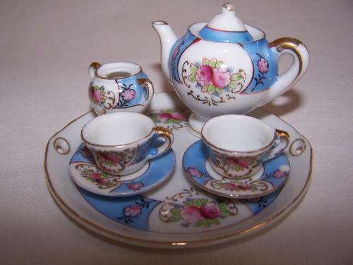 Vintage Hand-Painted Miniature Tea Set on Tray