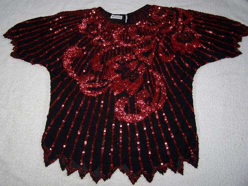 Fully Beaded 1980s Red on Black Scalloped Top, Size L