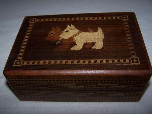Antique Tunbridge Ware Box depicting Two Scottie Dogs and Japanese Landscape