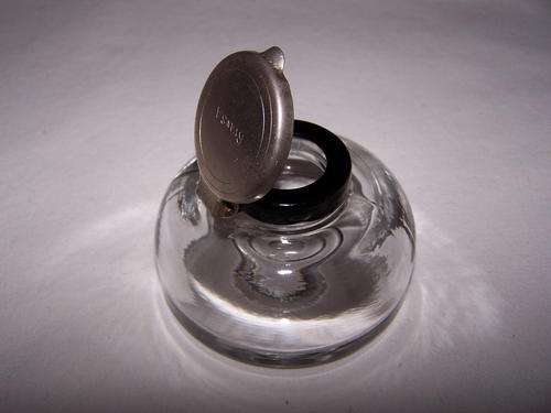Glass Inkwell, Black Rim, Metal Lid - Made in England.