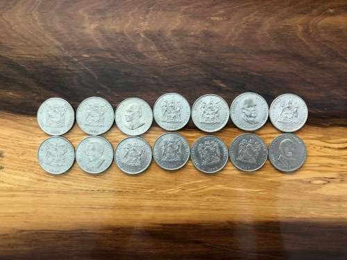 Complete collection of South African R1 coins from 1977 to 1990