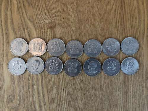 Complete collection of South African R1 coins from 1977 to 1990