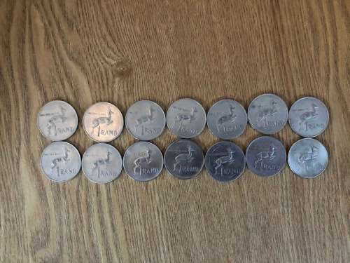 Complete collection of South African R1 coins from 1977 to 1990