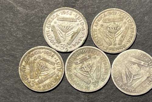 Lot of 5 SA silver 3 pence coins