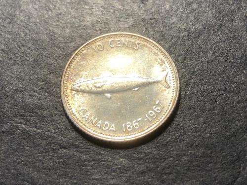 Commemorative Canadian Mackerel dime (10c) Silver coin - 100 year anniversary of Canada 1867 to 1967