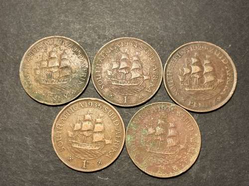 Set of 5 SA George V 1 penny coins