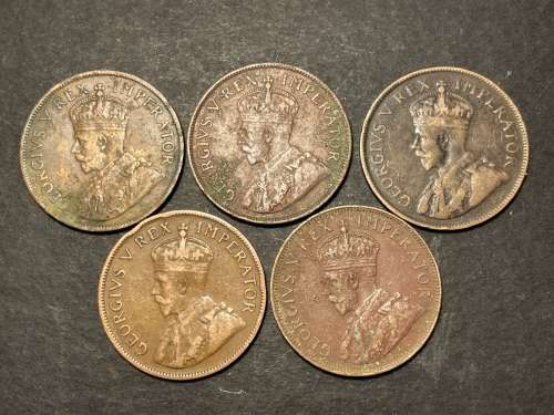 Set of 5 SA George V 1 penny coins