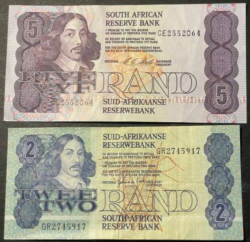 Set of 2 RSA 2 Rand & 5 Rand banknotes