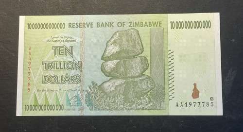 Zimbabwe 10 Trillion dollar banknote - 2008 Hyperinflation - Gem Crisp UNC