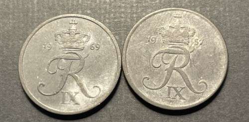 Set of 2 Denmark 2 Øre Zinc coins - 1957 & 1969