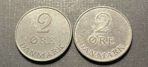Set of 2 Denmark 2 Øre Zinc coins - 1957 & 1969