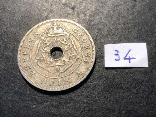 1934 Holed Rhodesian 1 penny coin - King George V