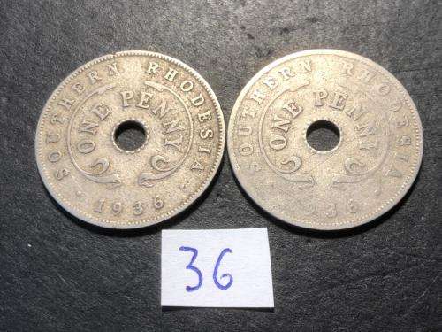 Set of 2 1936 Holed Rhodesian 1 penny coins - King George V