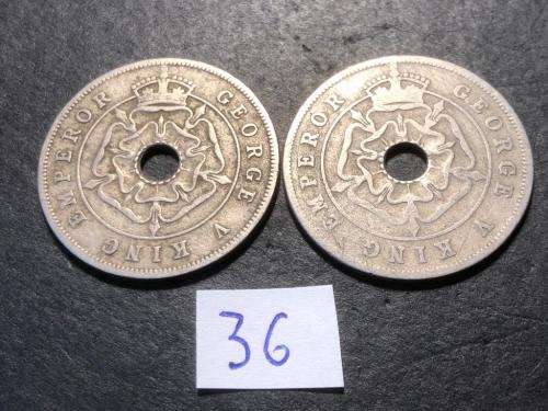 Set of 2 1936 Holed Rhodesian 1 penny coins - King George V