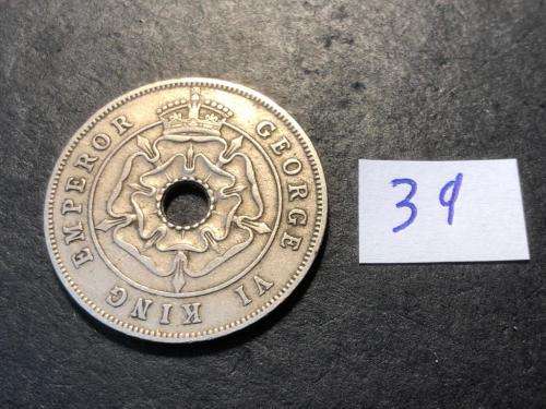 1939 Holed Rhodesian 1 penny coin - King George VI