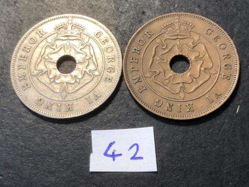 Set of 2 1942 Rhodesian 1 penny coins - Both Copper-nickel and Bronze planchets