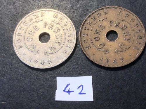 Set of 2 1942 Rhodesian 1 penny coins - Both Copper-nickel and Bronze planchets