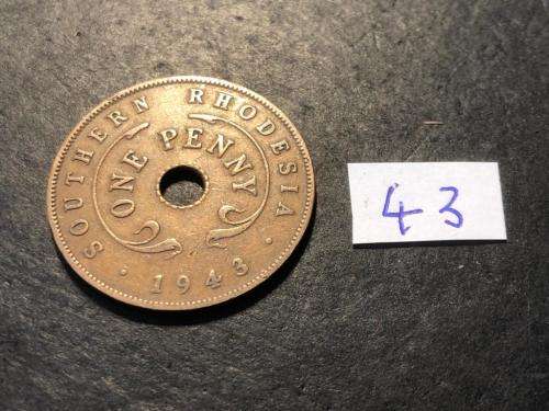 1943 Holed Rhodesian 1 penny coin - King George VI