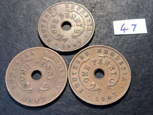 Set of 3 1947 Holed Rhodesian 1 penny coins - King George VI