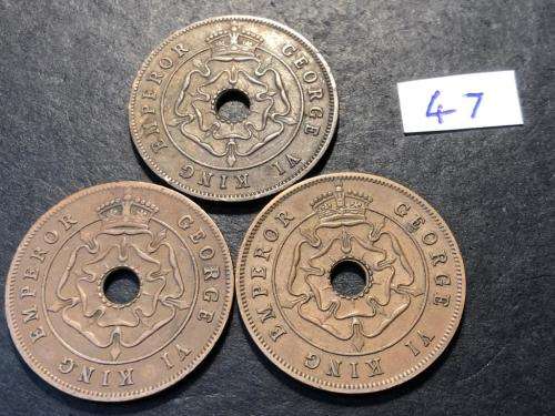 Set of 3 1947 Holed Rhodesian 1 penny coins - King George VI
