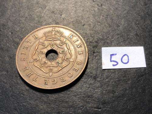 1950 Holed Rhodesian 1 penny coin - King George VI