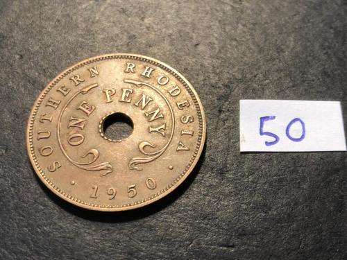 1950 Holed Rhodesian 1 penny coin - King George VI