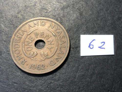1962 Holed Rhodesia and Nyasaland 1 penny coin - Queen Elizabeth II