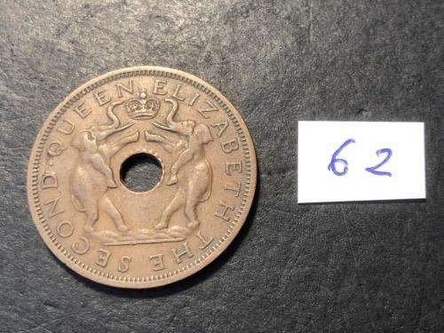 1962 Holed Rhodesia and Nyasaland 1 penny coin - Queen Elizabeth II
