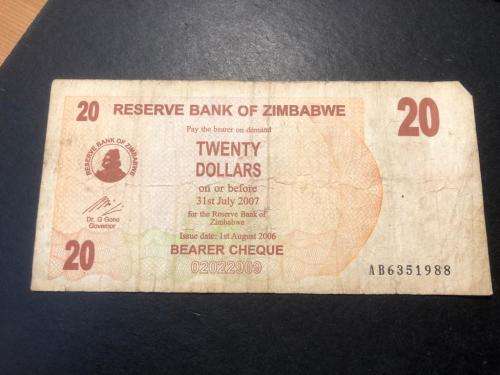 Zimbabwe 20 dollars Bearer cheque banknote