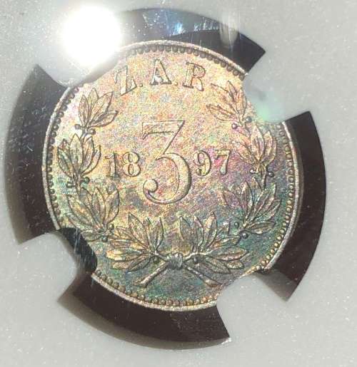 Scarce 1897 ZAR Silver tickey (3d) NGC graded MS62 - Nice toning