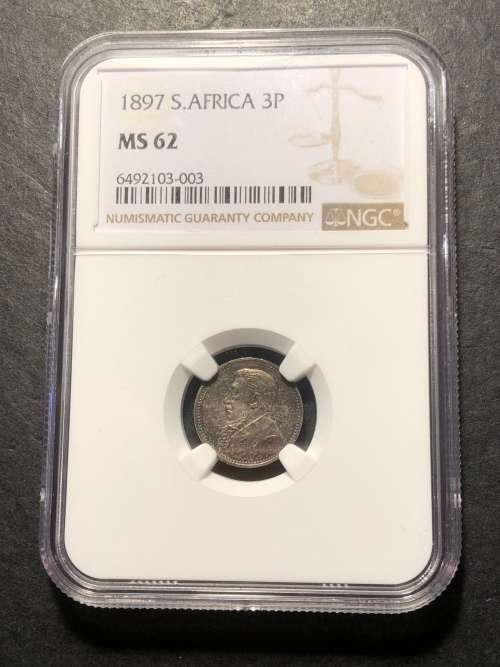Scarce 1897 ZAR Silver tickey (3d) NGC graded MS62 - Nice toning