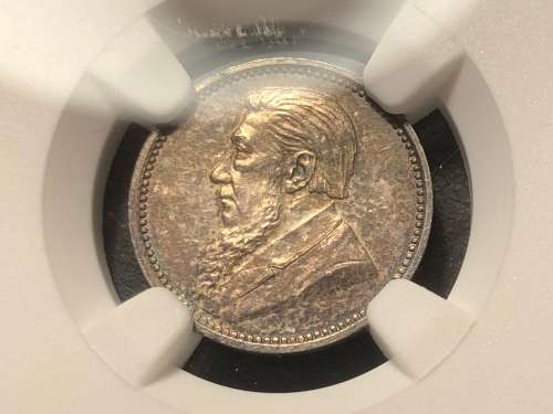 Scarce 1897 ZAR Silver tickey (3d) NGC graded MS62 - Nice toning