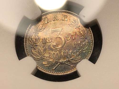 Scarce 1897 ZAR Silver tickey (3d) NGC graded MS62 - Nice toning