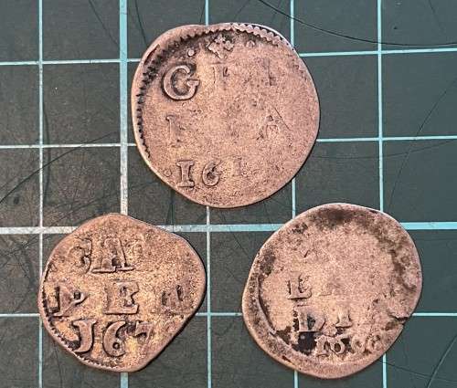 Set of 3 old 1600s silver 2 stuiver coins