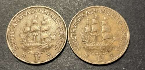 Set of 2 1940 SA Union 1 penny coins - Both dot varieties #2