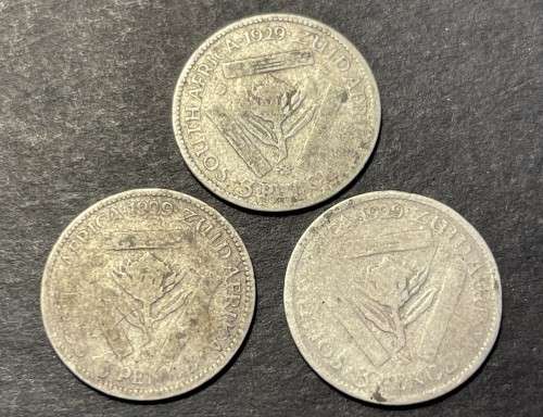 Lot of 3 1929 SA Silver 3 Pence coins - Price is per coin