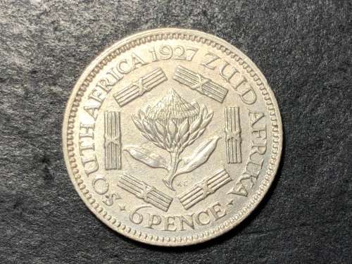 SCARCE 1927 SA Silver 6 pence coin in +/- AU Catalogue value is R4,000